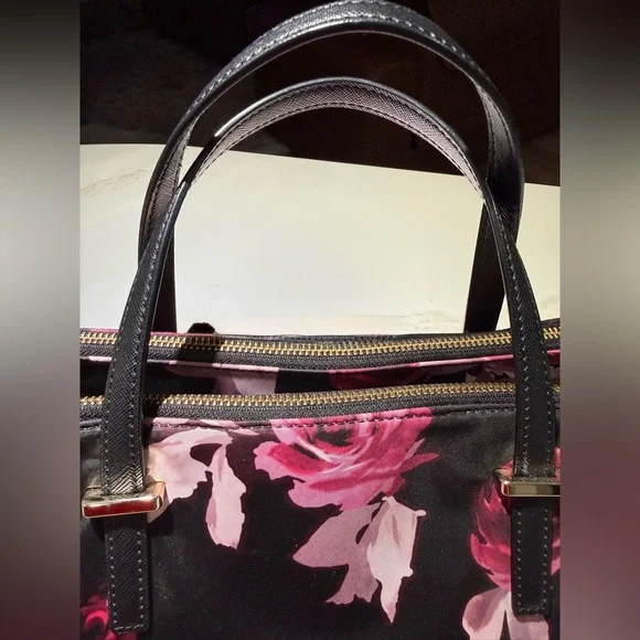 KATE SPADE Crossbody Nylon Tote, P436 Black Pink Roses - Picture 7 of 16
